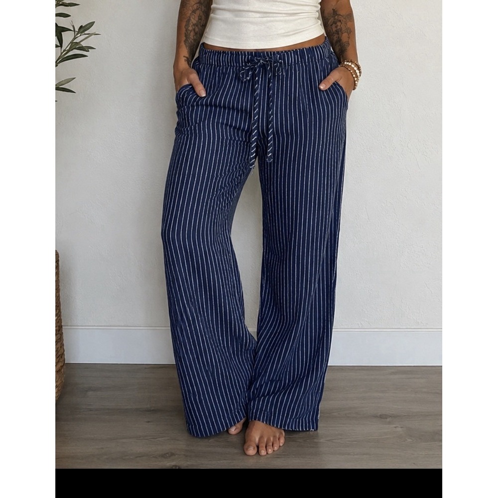 Sienna Sky Women's Linen Blend Wide Leg Pants Navy White Stripe Drawstring L